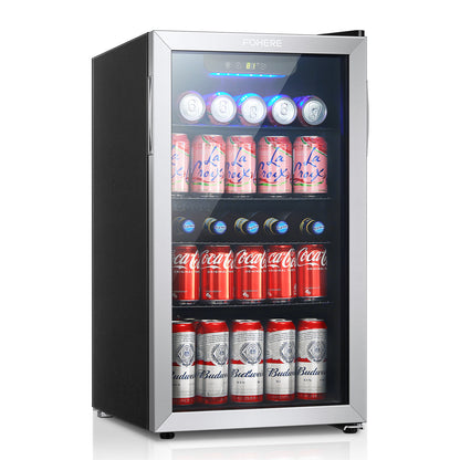 FOHERE Getränkekühlschrank, 120 Dosen Minikühlschrank mit Glastür für Soda, Bier oder Wein, Getränkespender mit verstellbaren, herausnehmbaren Regalböden, freistehender Getränkekühlschrank für Büro, Bar, Zuhause