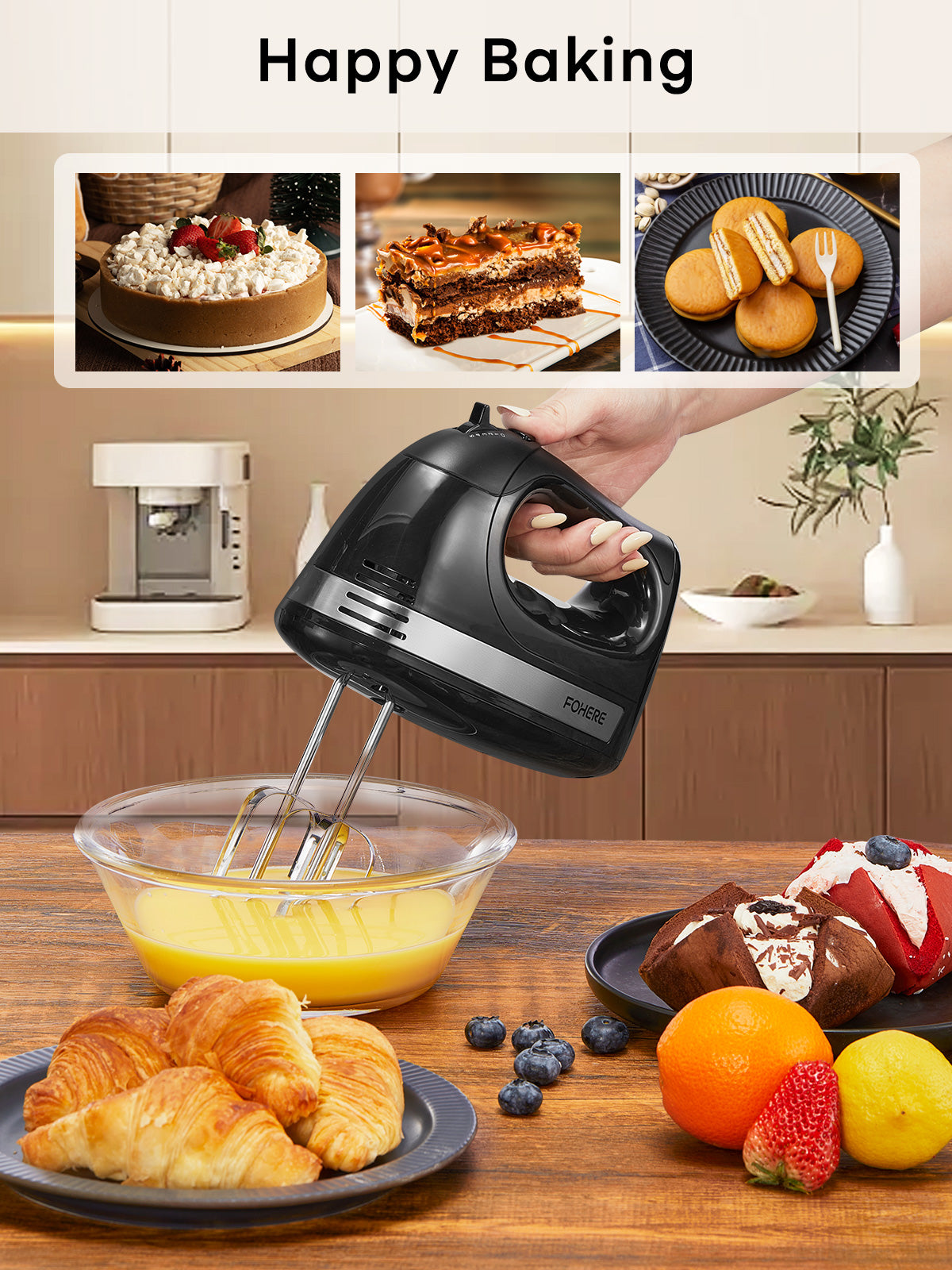Handmixer mit Aufbewahrungsbox, 5 Geschwindigkeitsstufen und Turbo, FOHERE Elektrischer Eierschläger mit 6 Zubehörteilen