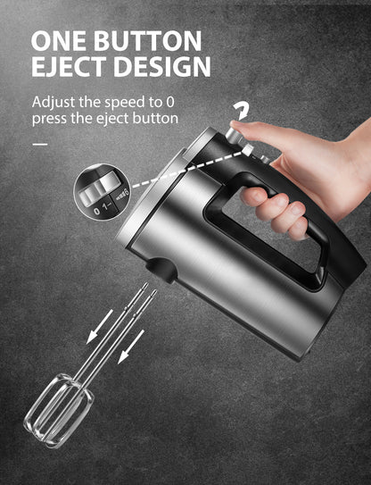 6-Gang-Handmixer mit Turbo-Boost, Küchen-Stabmixer zum Schlagen von Speisen, Eierschläger inklusive 3 Aufsätzen, Silber