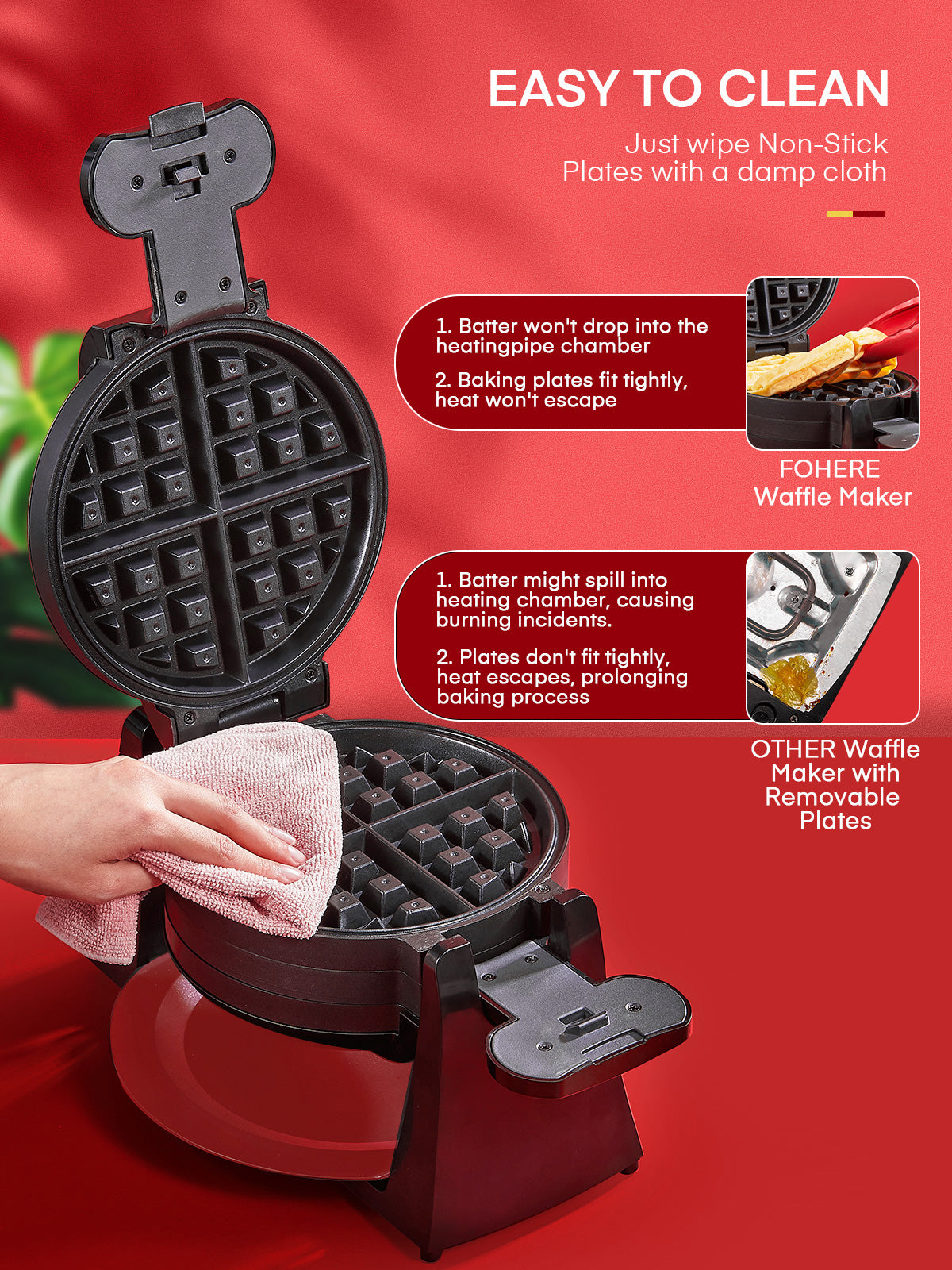 Waffle Maker, Belgian Waffle Maker Iron 180° Flip Double Waffle, 8 Slices, Rotating & Nonstick Plates, Removable Drip Tray, Cool Touch Handle, Red, 1400W