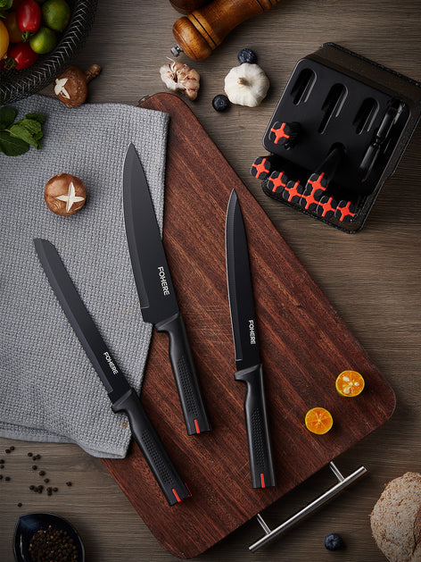 FOHERE 13 Pieces Knife Set with Block, Stainless Steel Knive Sets for Kitchen with Built-in Sharpener Sharp Kitchen Knife Block Set with Anti-slip Handle Rust Resistant, Black