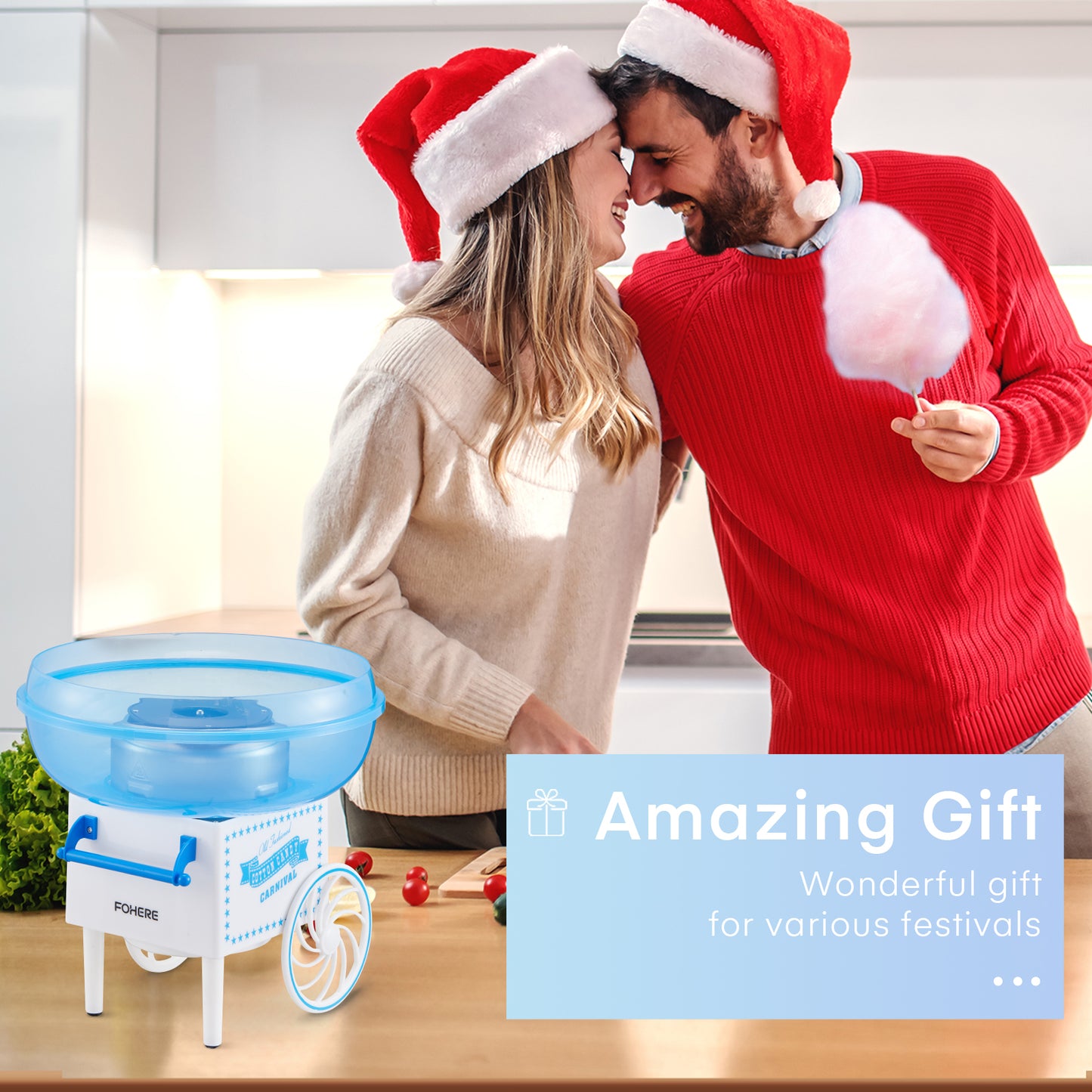 Zuckerwattemaschine, Zuckerwattenbereiter für Kinder mit Zuckerlöffel und 10 Zuckerwattestäbchen, Weihnachtsblau, FOHERE