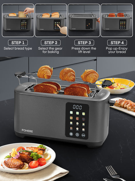 4 Slice Smart Toaster, LCD and Touchscreen, 6 Bread Types & Shade Settings, Retractable Warming Rack, Cancel/Defrost/Reheat Functions, 1400W