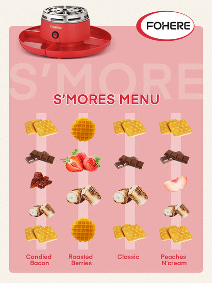 FOHERE Smores Maker Tischgerät für Innenräume, flammenloser elektrischer Marshmallow-Röster mit 4 abnehmbaren Ablagen & 4 Röstgabeln, Zubehör für Filmabende & Einweihungsgeschenk, Rot