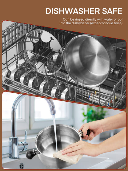 FOHERE Elektro-Fondueset mit 1500W Leistung Temperaturregelung für Käse, Schokolade, Öl und Brühe, 2L Antihaft-Elektro-Fonduetopf mit 8 Gabeln, 6 Tassen, Silber