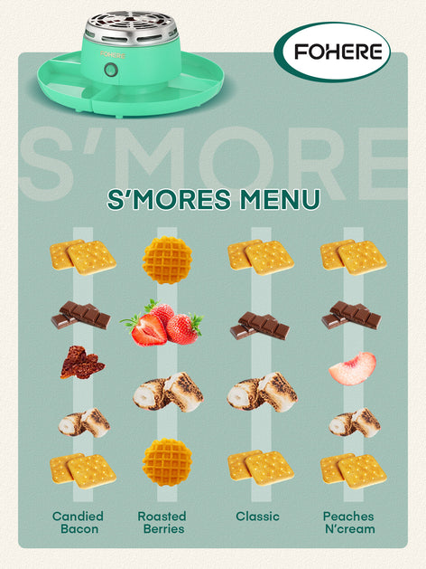 FOHERE Smores Maker Tabletop Indoor, Flameless Electric Marshmallow Roaster with 4 Detachable Trays & 4 Roasting Forks, Movie Night Supplies & Housewarming Gift, Green