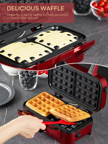 FOHERE Waffeleisen 3 in 1 Sandwichmaker 1200W Panini-Presse mit abnehmbaren Platten und 5-Stufen-Temperaturregelung, antihaftbeschichtet, leicht zu reinigen, Kontrollleuchten, Rot
