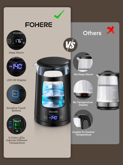 Wasserkocher mit Temperaturregelung, 5 voreingestellten LED-Farben, 1500W Schnellkochfunktion, 1.7L Glasteekessel & Heißwasserspender, Warmhaltefunktion, 100% BPA-frei, Edelstahlboden, Schwarz