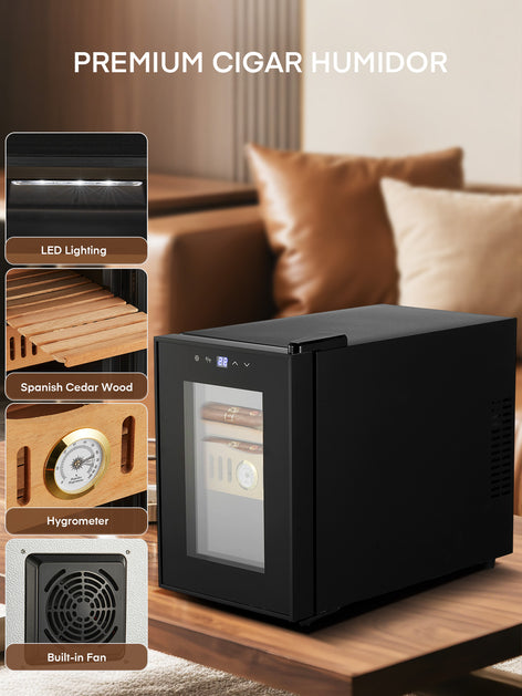Electric Cigar Humidor for 140 Cigars, 17L Cigar Cabinet with Temperature Control, Spanish Cedar Wood Shelves, Digital Hygrometer, Gift for Men