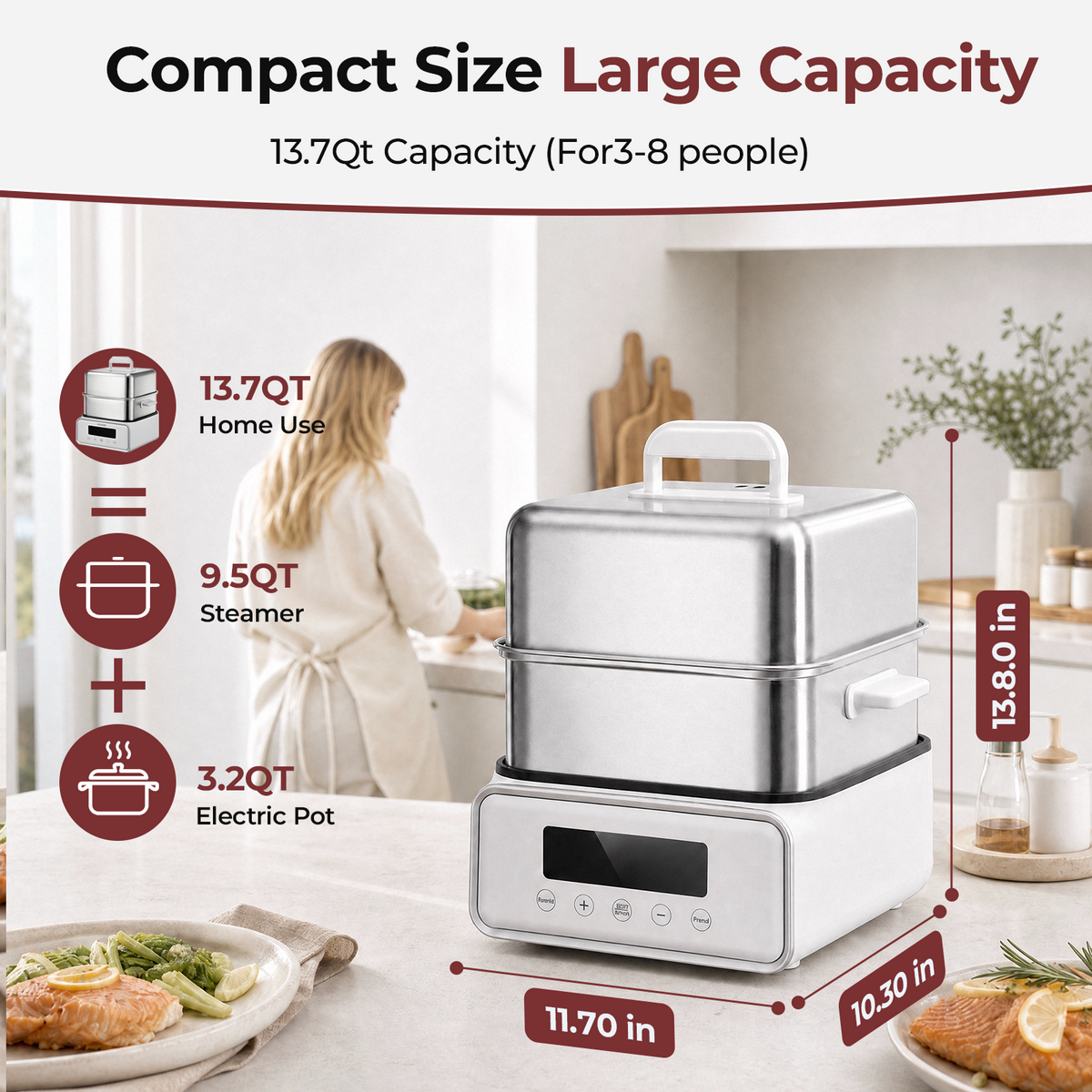 FOHERE Food Steamer for cooking 12.7QT Double Tier Stainless Steel Vegetable Steamer with Digital Timer, 8 Preset Menus,1200W