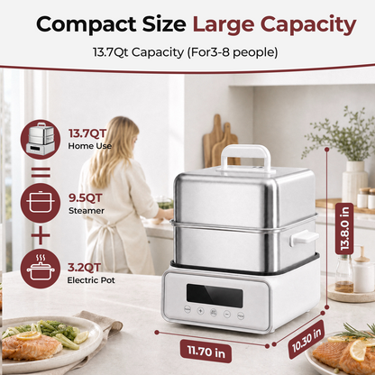 FOHERE Food Steamer for cooking 12.7QT Double Tier Stainless Steel Vegetable Steamer with Digital Timer, 8 Preset Menus,1200W