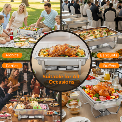 9,5-Liter-Chafing-Dish-Buffet-Set, 4 Stück, Edelstahl-Chafing-Dish-Buffet-Set mit ganzen/halben/drittel Pfannen, Buffetservierer und Wärmer für Catering, Hochzeiten, Partys und Veranstaltungen