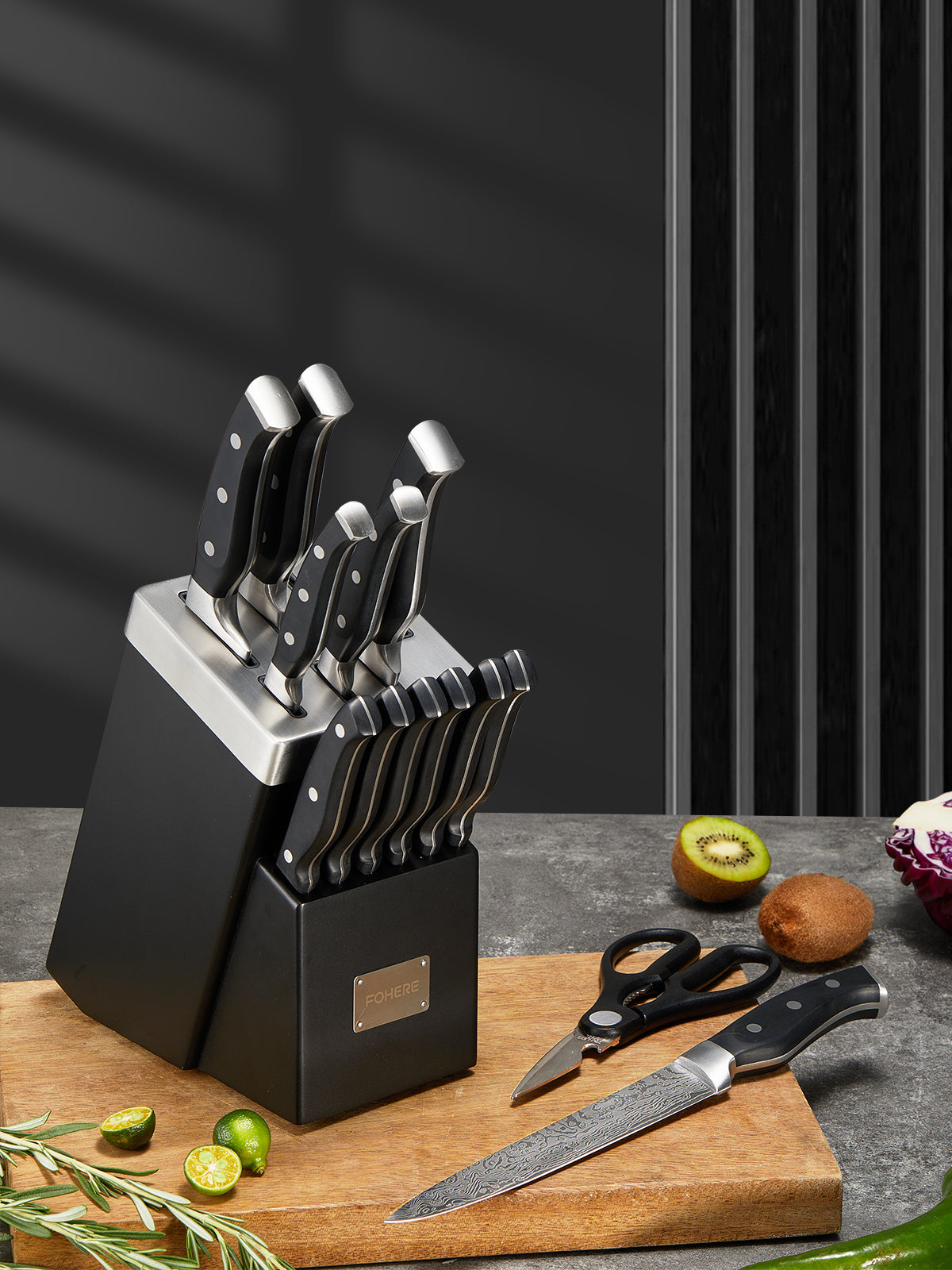 Knife Block Set, FOHERE 14 Pieces Self Sharpening Knife Block Set, Stainless Steel Waved Pattern Knife Set with Block, Rust & Stain Resistant Kitchen Knives and Triple Riveted Handle, Black