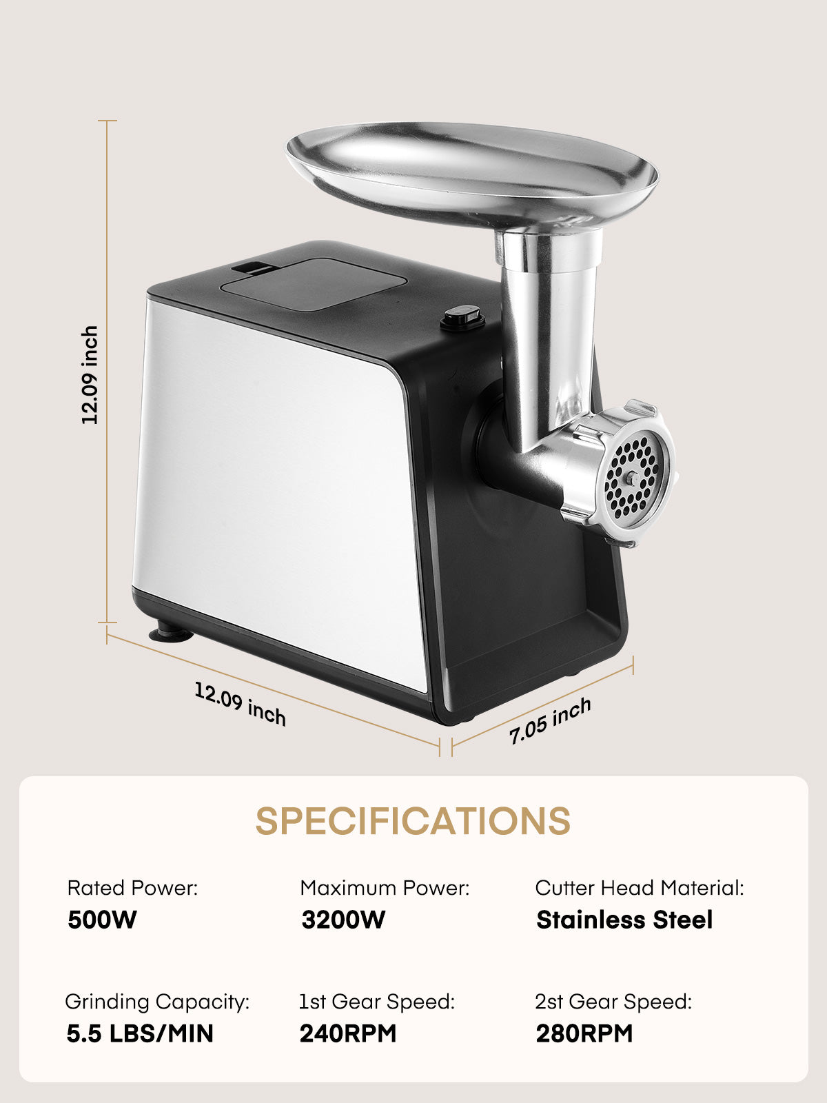 Electric Meat Grinder, 3200W Max Heavy Duty Stainless Steel Meat Mincer with 2 Blades, 3 Grinding Plates, 3 Sausage Stuffer Tubes & Kubbe Kit for Home & Kitchen & Deer Meat Processing Using