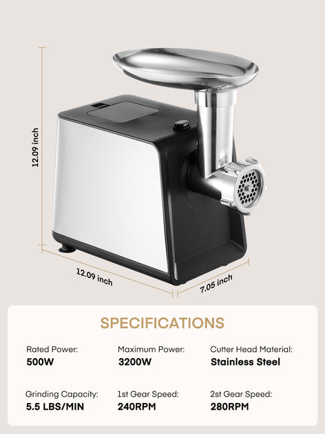 Electric Meat Grinder, 3200W Max Heavy Duty Stainless Steel Meat Mincer with 2 Blades, 3 Grinding Plates, 3 Sausage Stuffer Tubes & Kubbe Kit for Home & Kitchen & Deer Meat Processing Using