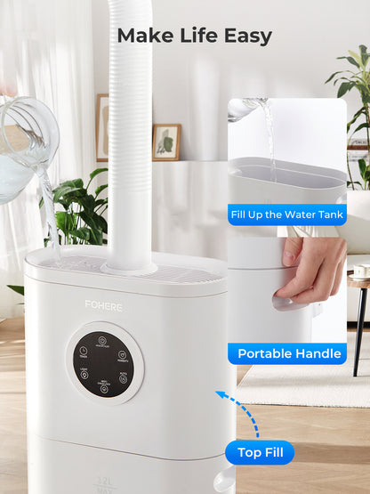 Luftbefeuchter für große Räume, 12L/3.17Gal Top-Fill Kaltnebel Ultraschall Boden-Luftbefeuchter leise für Baby und Pflanzen mit anpassbarer Luftfeuchtigkeit, Timer, Schlafmodus, Auto-Abschaltung, leise, weiß