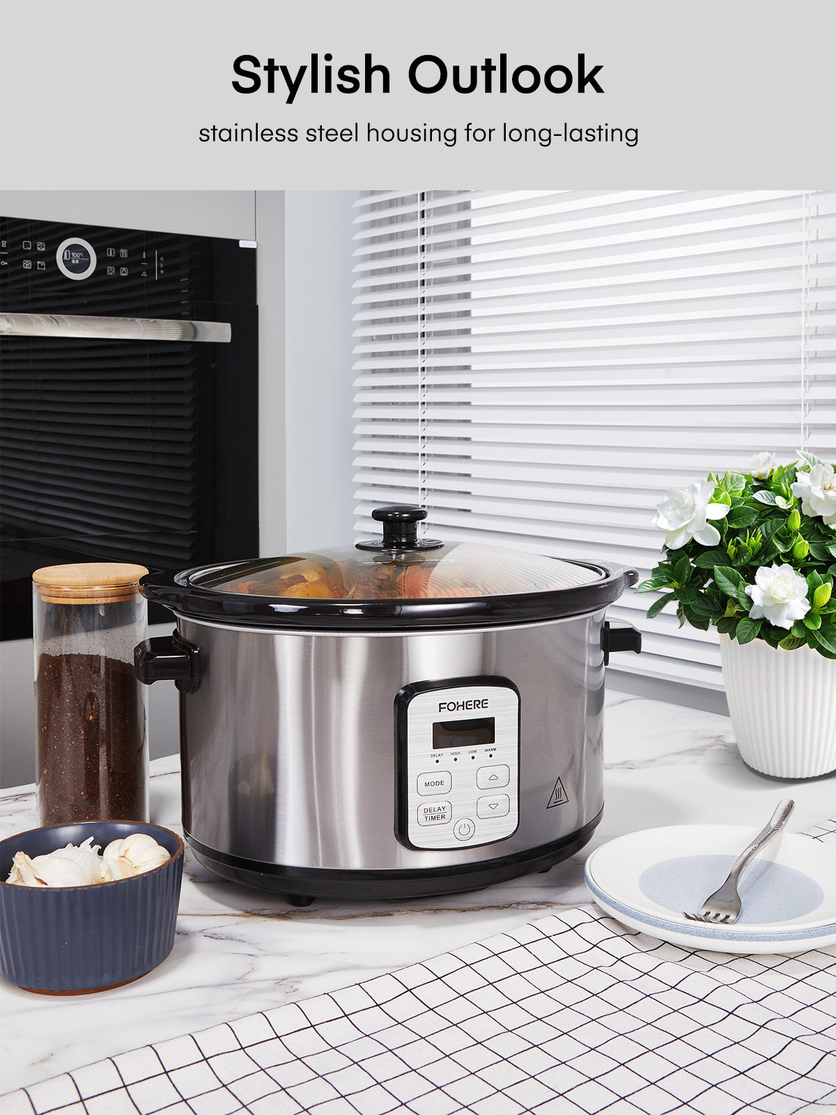 FOHERE 6Qt Slow Cooker mit Keramik-Innentopf, einstellbarer Zeit- und Temperaturregelung, automatischer Warmhaltefunktion, verzögerter Startfunktion