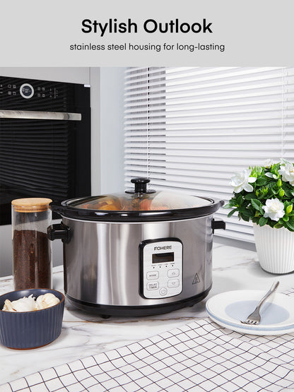 FOHERE 6Qt Slow Cooker mit Keramik-Innentopf, einstellbarer Zeit- und Temperaturregelung, automatischer Warmhaltefunktion, verzögerter Startfunktion