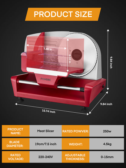 FOHERE Fleischschneidemaschine, 250W Aufschnittmaschine mit drei 7,5-Zoll-Edelstahlklingen und Auffangschale, Rot