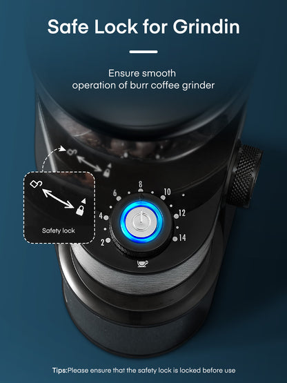 Elektrische Kaffeemühle FOHERE, 200W Upgrade, 18 präzise Mahlgradeinstellungen, 2-14 Tassen einstellbar, Schwarz