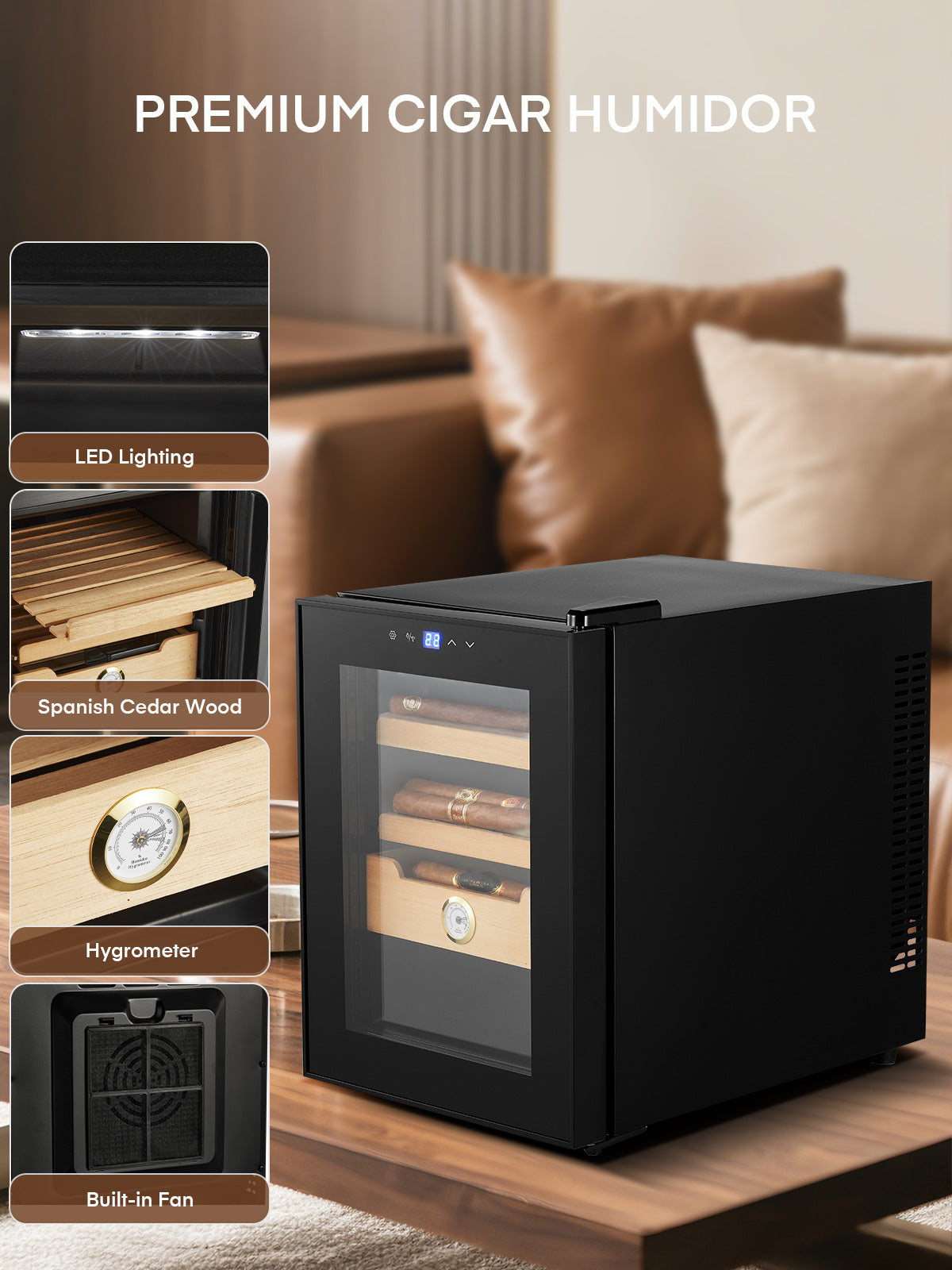 Elektrischer Zigarrenhumidifier für 280 Zigarren, 33L Zigarrenschrank mit Temperaturkontrolle, Spanische Zedernholzregale, Digitales Hygrometer, Geschenk für Männer