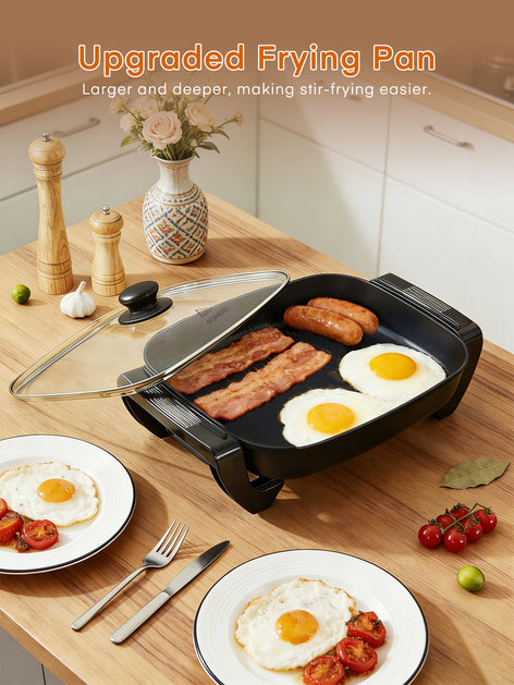 FOHERE 16" Non-Stick Electric Skillet with Temperature Control, Glass Lid, Rapid Heat Up, 1500W, Black