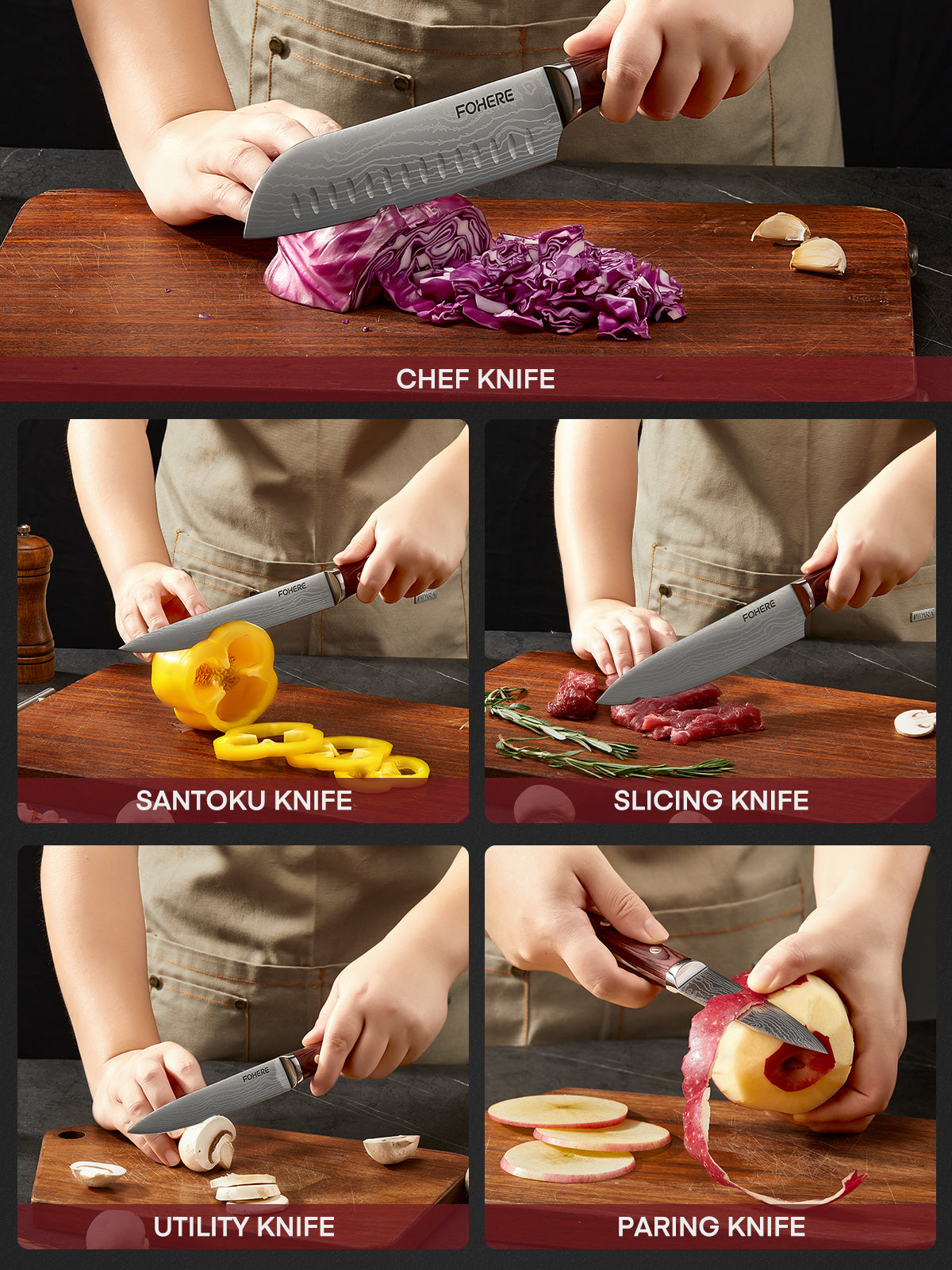 FOHERE 5-teiliges Küchenmesser-Set mit ergonomischem Pakkaholzgriff, ultrascharfes Kochmesser-Set, Edelstahl mit hohem Kohlenstoffgehalt als Geschenk