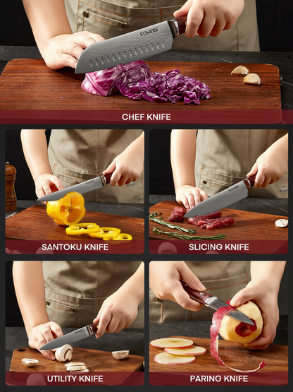 FOHERE 5-teiliges Küchenmesser-Set mit ergonomischem Pakkaholzgriff, ultrascharfes Kochmesser-Set, Edelstahl mit hohem Kohlenstoffgehalt als Geschenk