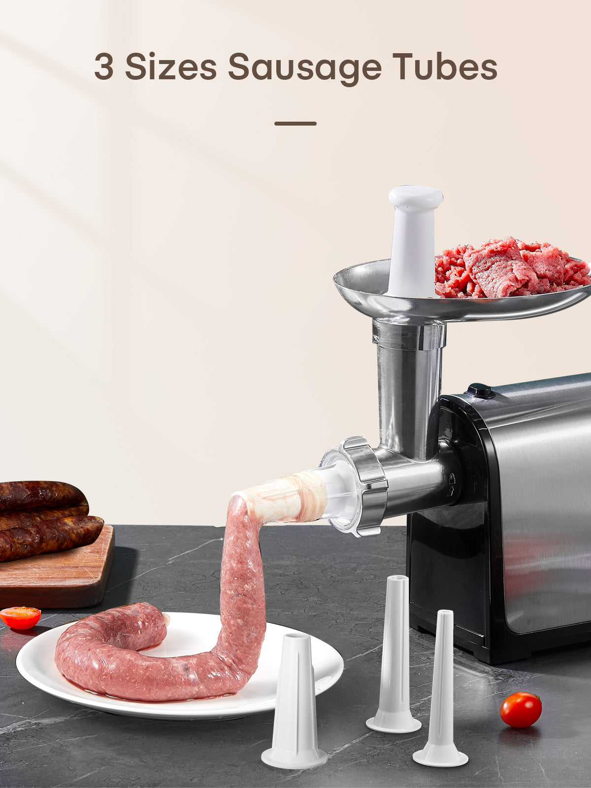 FOHERE Elektrischer Fleischwolf, Wurstfüller aus Edelstahl, Fleischwolfmaschine mit 2 Klingen & 3 Platten, 2000W Max. Lebensmittelzerkleinerer, Wurstfüller-Rohr & Kubbe-Set, Hochleistungs-Fleischwolf