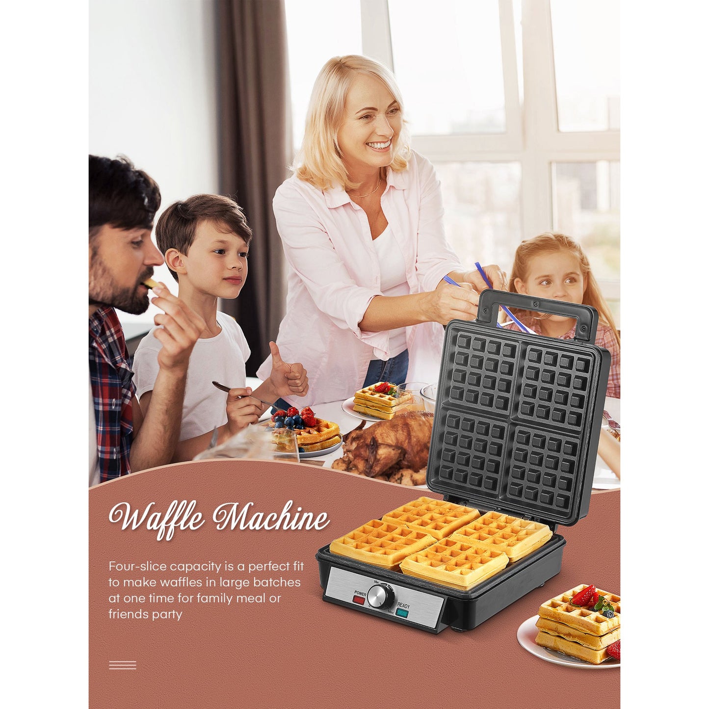Belgian Waffle Maker 4 Slices with Temperature Control, 1200W, Stainless Steel, Black / Silver