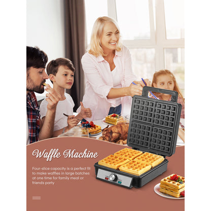 Belgisches Waffeleisen für 4 Waffeln mit Temperaturregelung, 1200W, Edelstahl, Schwarz / Silber