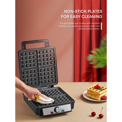 Belgisches Waffeleisen für 4 Waffeln mit Temperaturregelung, 1200W, Edelstahl, Schwarz / Silber