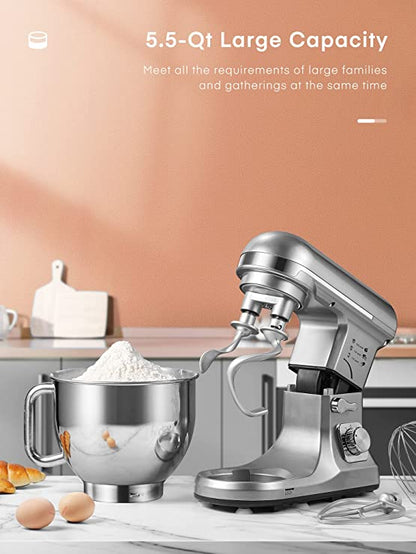 5,5QT Küchenmaschine mit doppelten Knethaken, Schneebesen & Rührbesen, 6+ P Geschwindigkeitsstufen, kippbarer Kopf, Spritzschutz für Hobbyköche, spülmaschinenfeste Edelstahlschüssel mit Griff