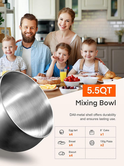 5,5QT Küchenmaschine elektrisch mit Doppelknethaken, Schneebesen & Rührbesen, 6+ P Geschwindigkeits-Kippkopf-Mixer, Spritzschutz für Hausmannskost, Spülmaschinenfeste Edelstahl-Schüssel mit Griff, Schwarz
