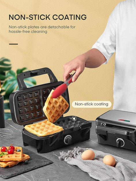 FOHERE Waffle Maker 3 in 1 Sandwich Maker 1200W Panini Press With Removable Plates and 5-gear Temperature Control, Non-stick Coating Easy to Clean,Indicator Lights, Silver/Black