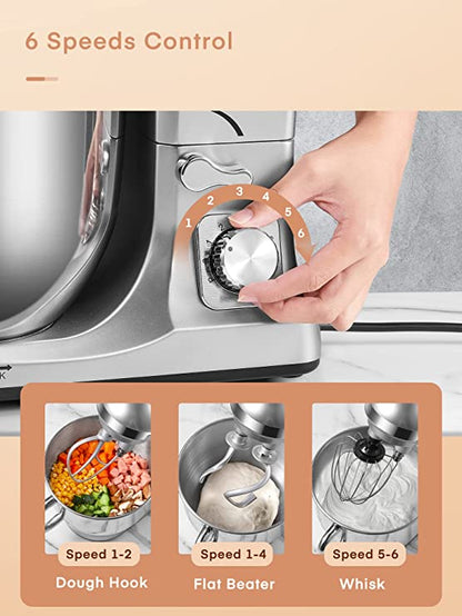 5,5QT Küchenmaschine mit doppelten Knethaken, Schneebesen & Rührbesen, 6+ P Geschwindigkeitsstufen, kippbarer Kopf, Spritzschutz für Hobbyköche, spülmaschinenfeste Edelstahlschüssel mit Griff