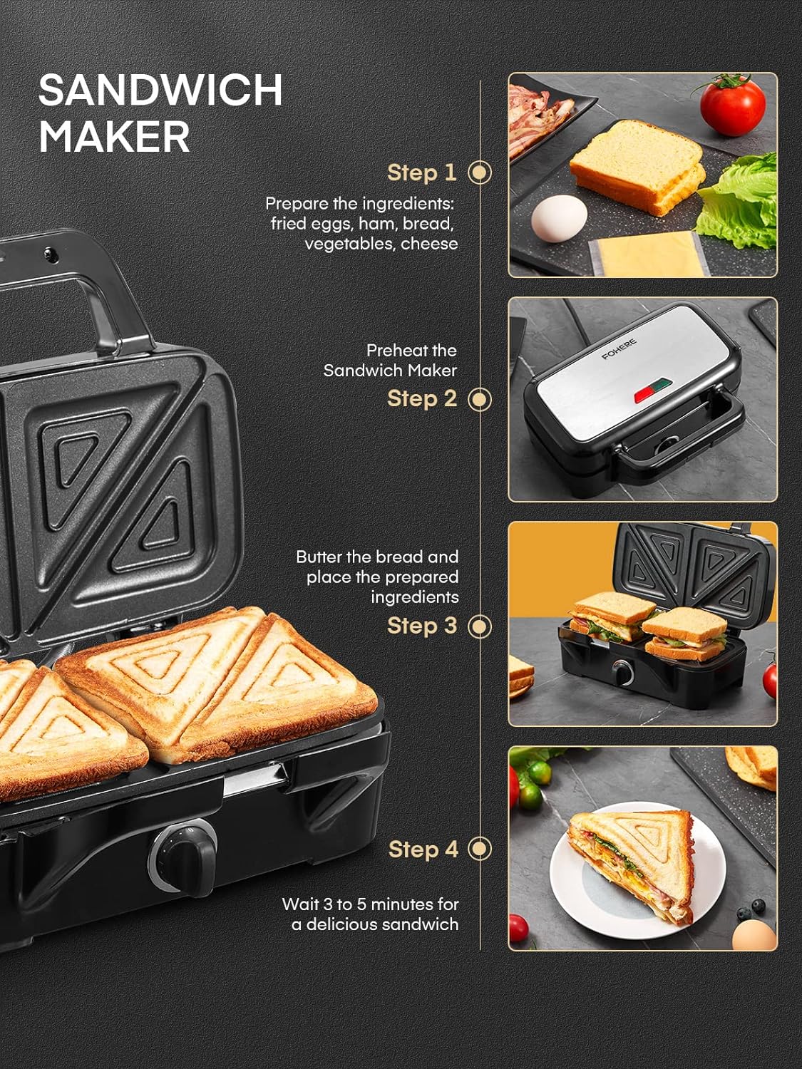 FOHERE Waffle Maker 3 in 1 Sandwich Maker 1200W Panini Press With