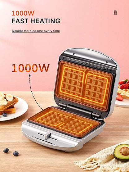 FOHERE Waffeleisen Belgisch 1000W, 2-Scheiben-Waffelautomat mit Bräunungsgradkontrolle, Antihaftplatten, Kontrollleuchten, Kabelaufbewahrung