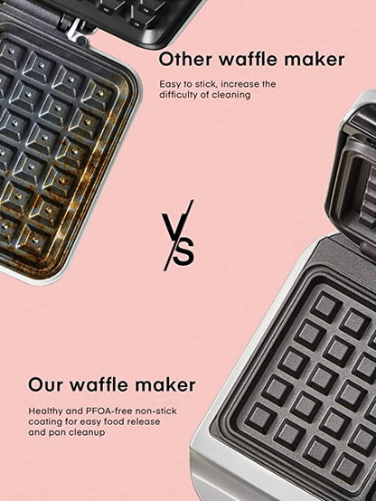FOHERE Waffeleisen Belgisch 1000W, 2-Scheiben-Waffelautomat mit Bräunungsgradkontrolle, Antihaftplatten, Kontrollleuchten, Kabelaufbewahrung