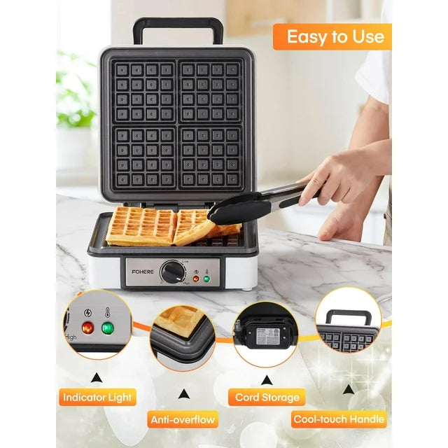 FOHERE 4-Slice Waffle Maker, 1200W Waffle Iron, Non-Stick, Browning Control, White