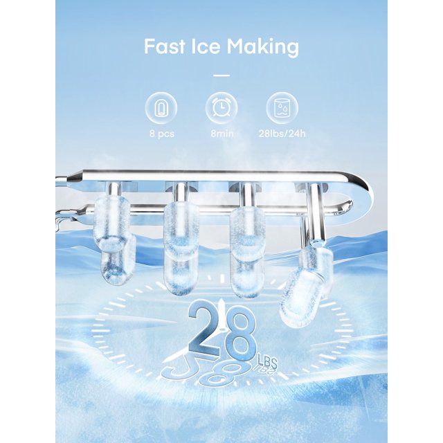 FOHERE Ice Maker Countertop with Handle, 2 Ice Sizes, 9 Bullet Ice in 6 Mins, 28lbs in 24h, Self-clean