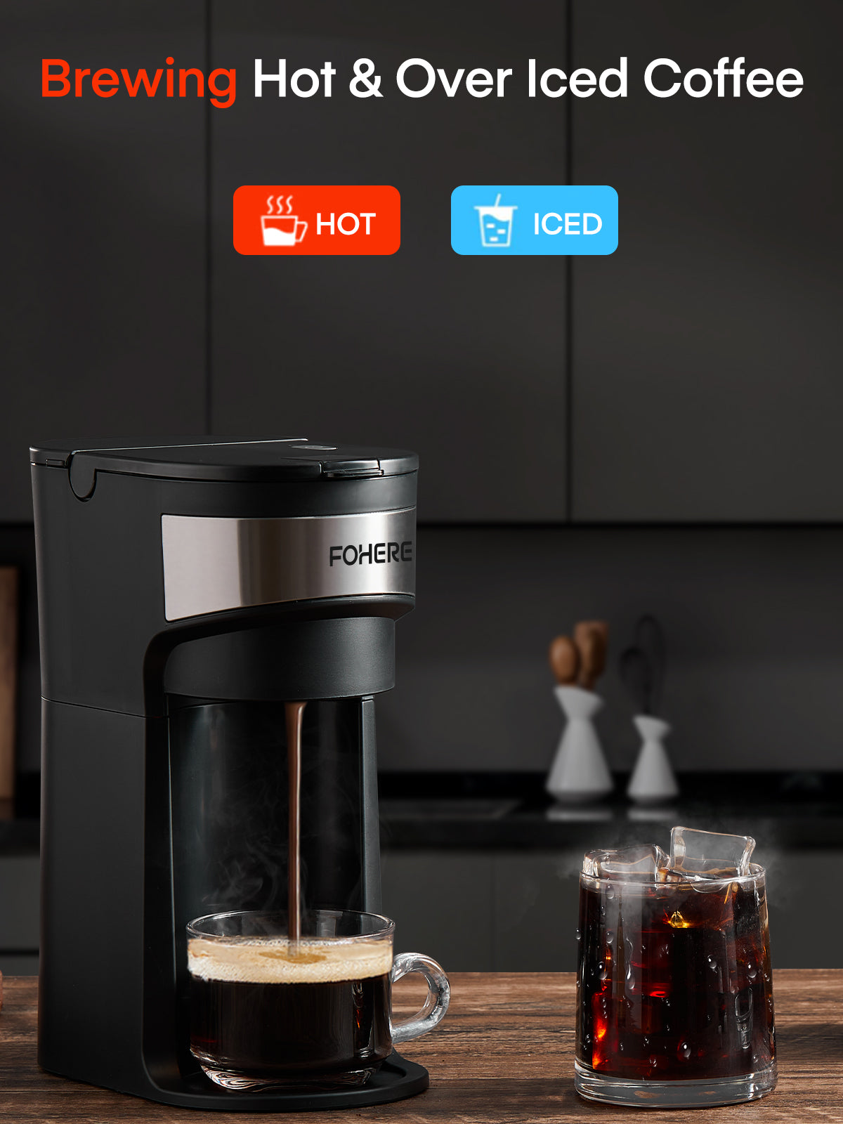 FOHERE Kaffeemaschine, Einzelportion, Eiskaffee und heißer Kaffeezubereiter für K-Pods & gemahlenen Kaffee