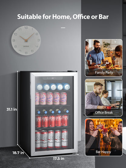 FOHERE Getränkekühlschrank, 120 Dosen Minikühlschrank mit Glastür für Soda, Bier oder Wein, Getränkespender mit verstellbaren, herausnehmbaren Regalböden, freistehender Getränkekühlschrank für Büro, Bar, Zuhause
