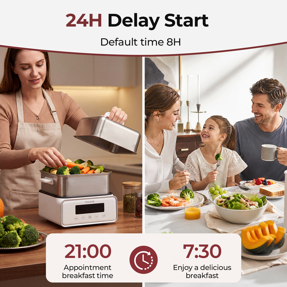 FOHERE Food Steamer for cooking 12.7QT Double Tier Stainless Steel Vegetable Steamer with Digital Timer, 8 Preset Menus,1200W
