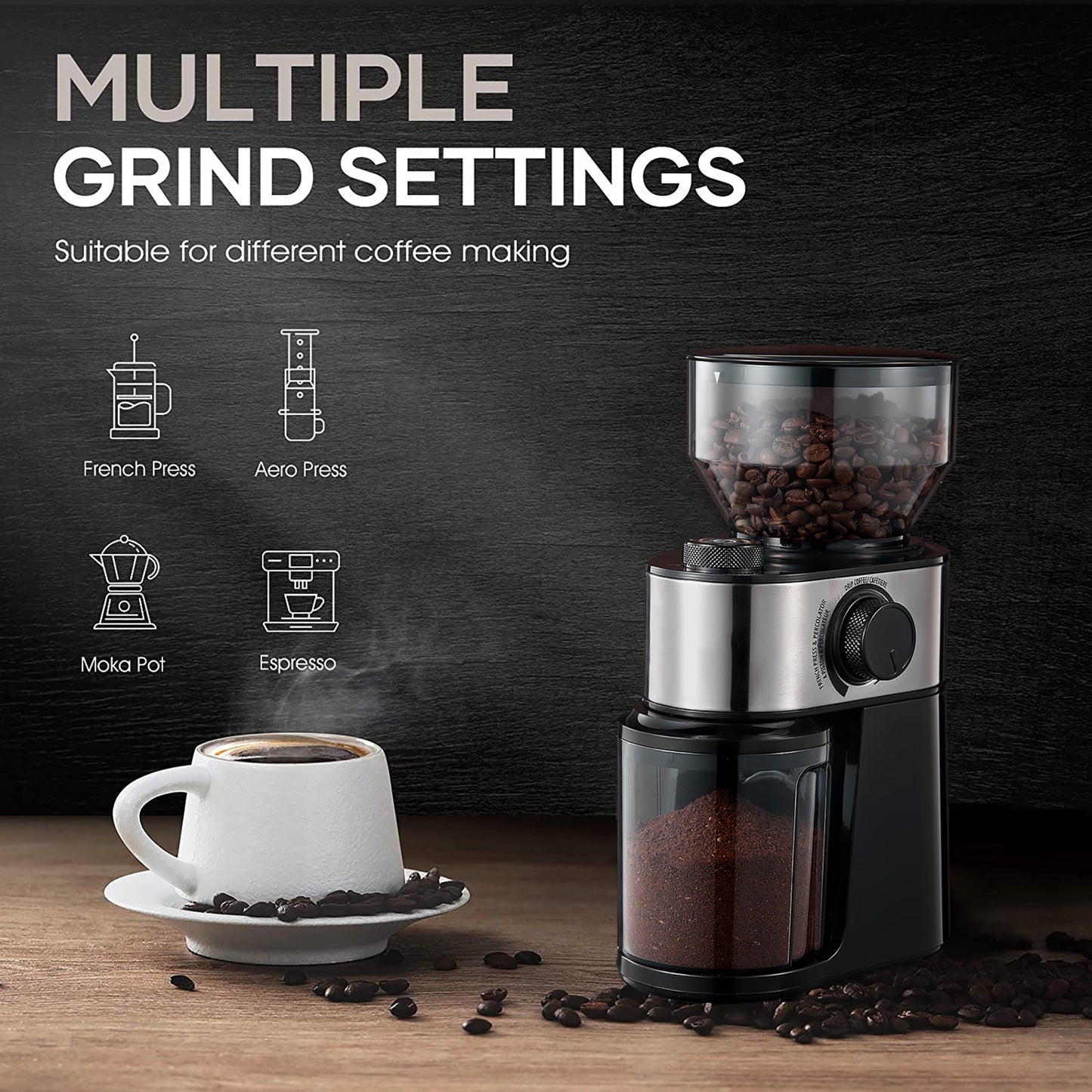Elektrische Kaffeemühle mit 18 präzisen Mahlgradeinstellungen für Espresso, Filterkaffee und French Press – Verstellbare Kaffeemühle in Schwarz