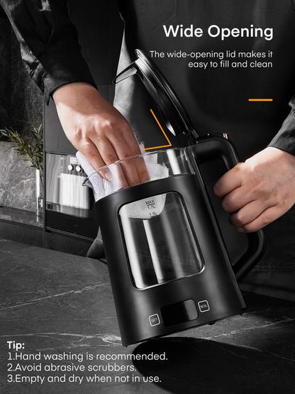 Wasserkocher, 1,7 L Teekessel, FOHERE Glaskessel mit weiter Öffnung, 1500 W schnelles Aufkochen, 5 Temperatureinstellungen, automatische Abschaltung und Trockengehschutz, mit 5 farbigen Lichtern, BPA-frei, leicht zu reinigen, Schwarz