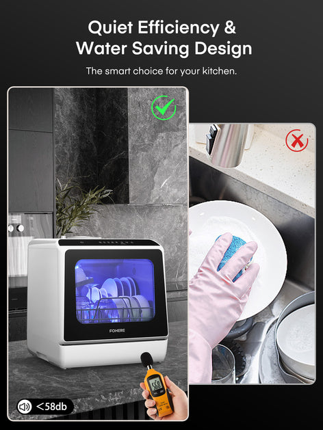 FOHERE Portable Countertop Dishwasher with 5L Built-in Water Tank, 6 Programs, 360°Dual Spray, High-Temp, Air-Dry and Timeing Function