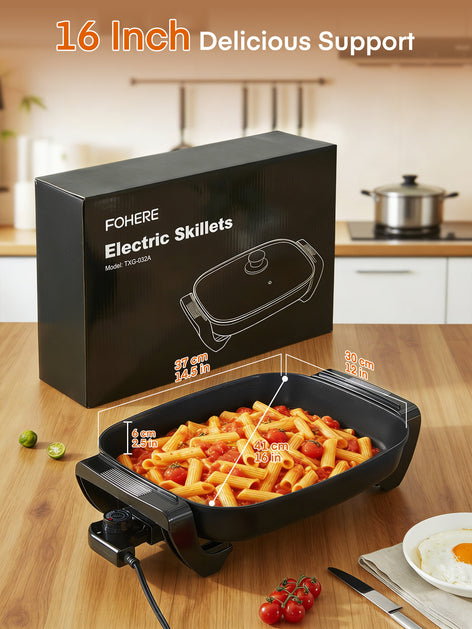 FOHERE 16" Non-Stick Electric Skillet with Temperature Control, Glass Lid, Rapid Heat Up, 1500W, Black