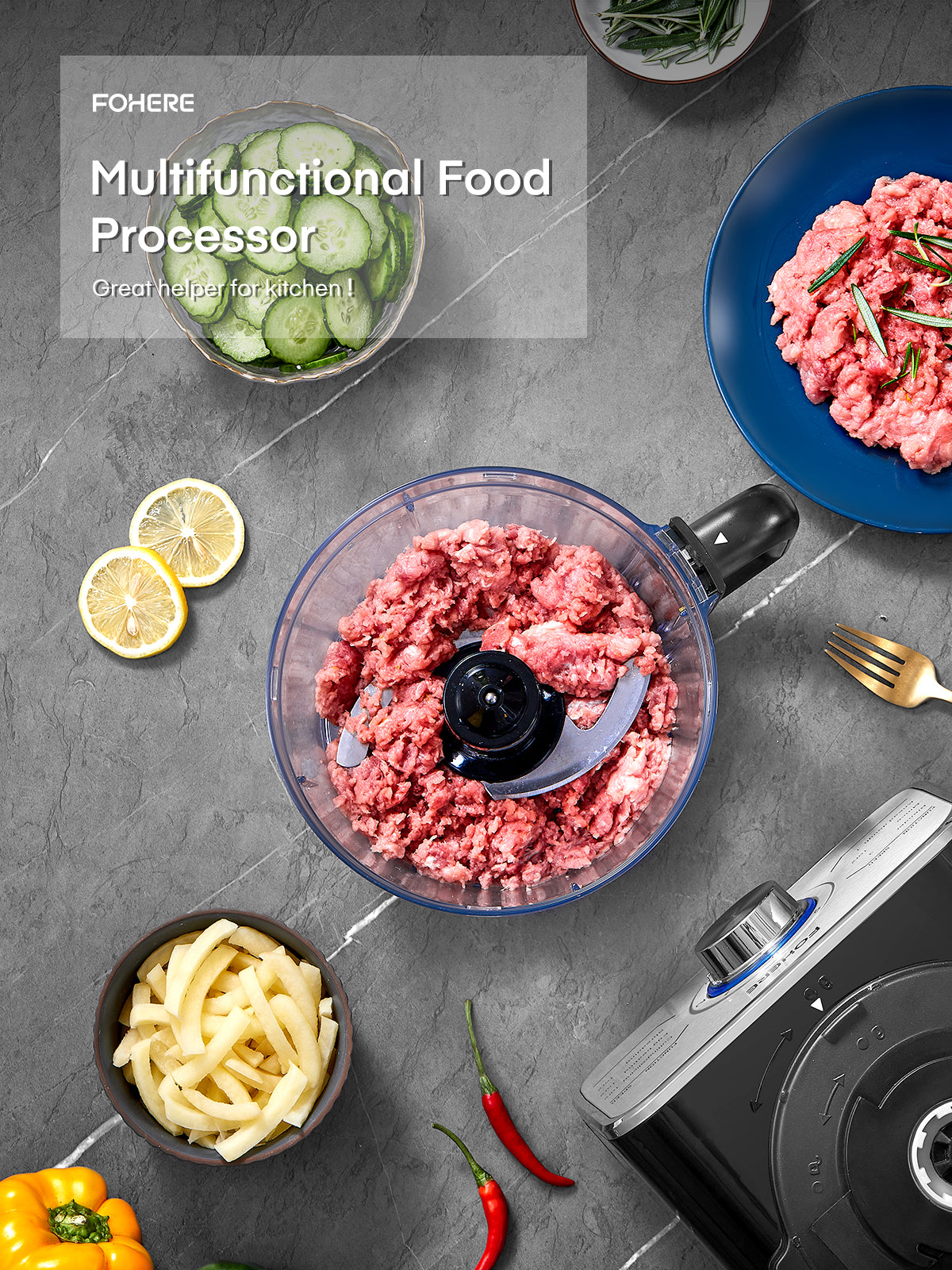 FOHERE 12 Cup Food Processor, Multi-functional Vegetable Cutter, 3 Speeds 6 Main Functions with Chopper Blade, Dough Blade, Shredder, Slicing Attachments, Silver