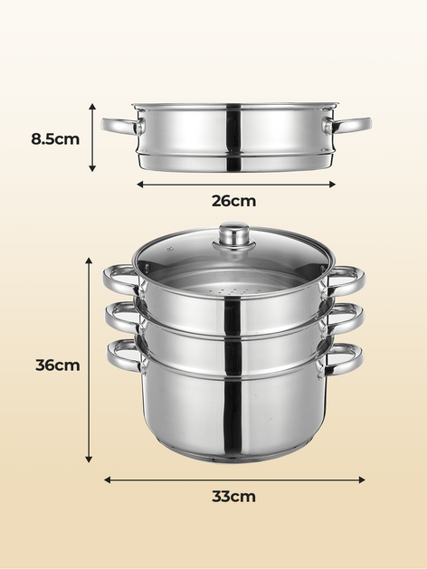 3-Tier Stainless Steel Steamer Pot, 8.5QT Multi-Function Stock Pot with Tempered Glass Lid, Stackable, Compatible with Induction Gas Stove, FOHERE